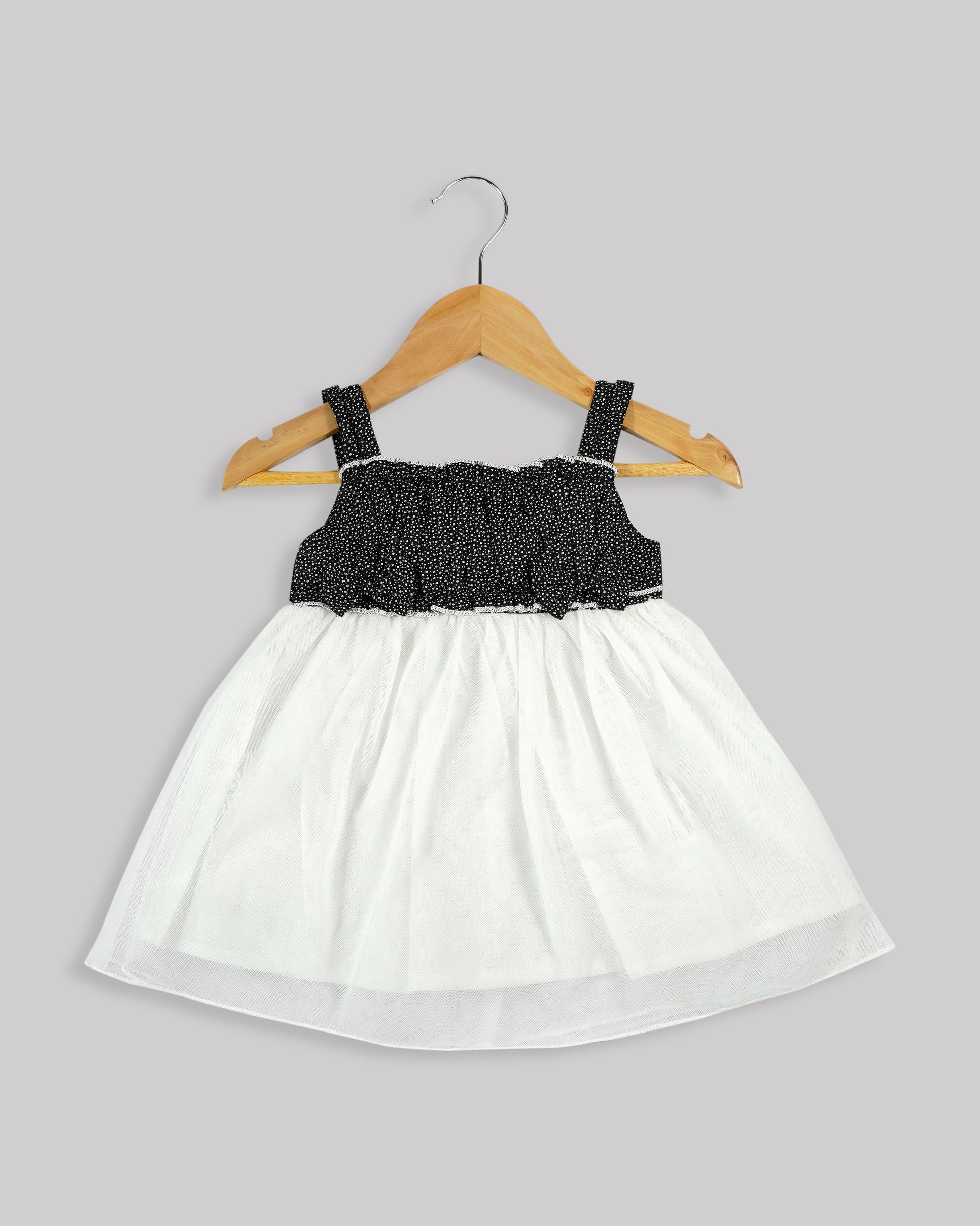 Best kidswear brand  in india.Casual printed frock Frilled yoke with plain net  bottom 