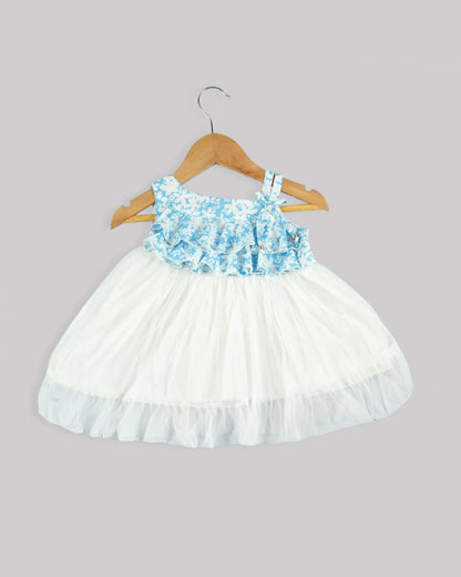 Best kidswear brand  in india.Casual printed frock Frilled yoke with plain net gathered bottom 