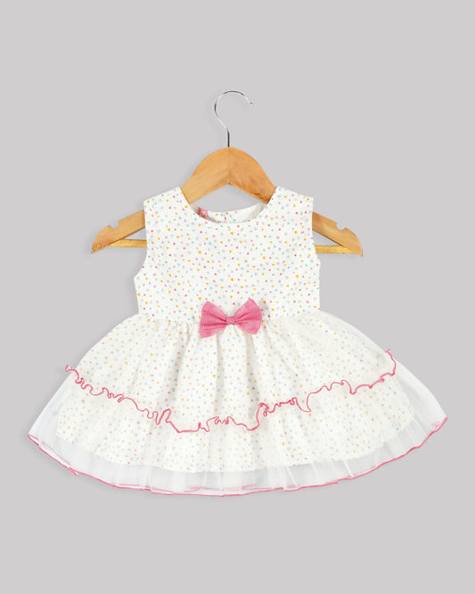 Best kidswear brand  in india. Kids tiered frock Heart print bow detail tiered dress with contrast baby lock stitch 