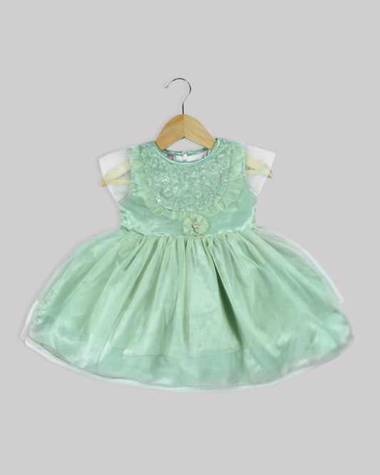 Best kidswear brand  in india. kids party wear dress Thread work yoke with frill and double layered net bottom 