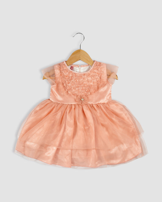 Best kidswear brand  in india. kids party wear dress Thread work yoke with frill and double layered net bottom 