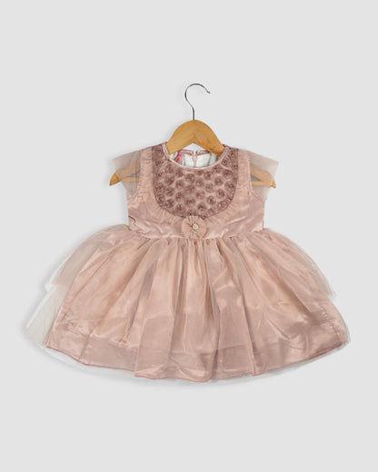 Best kidswear brand  in india. kids party wear dress Thread work yoke with frill and double layered net bottom 